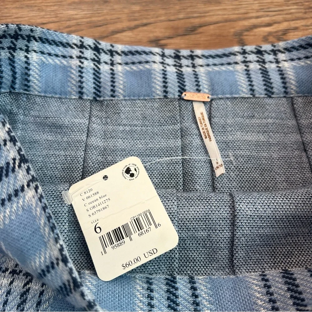 NWT Free People Pleated Plaid Mini Skirt Blue Check A-Line Preppy Size 6 - Picture 4 of 8
